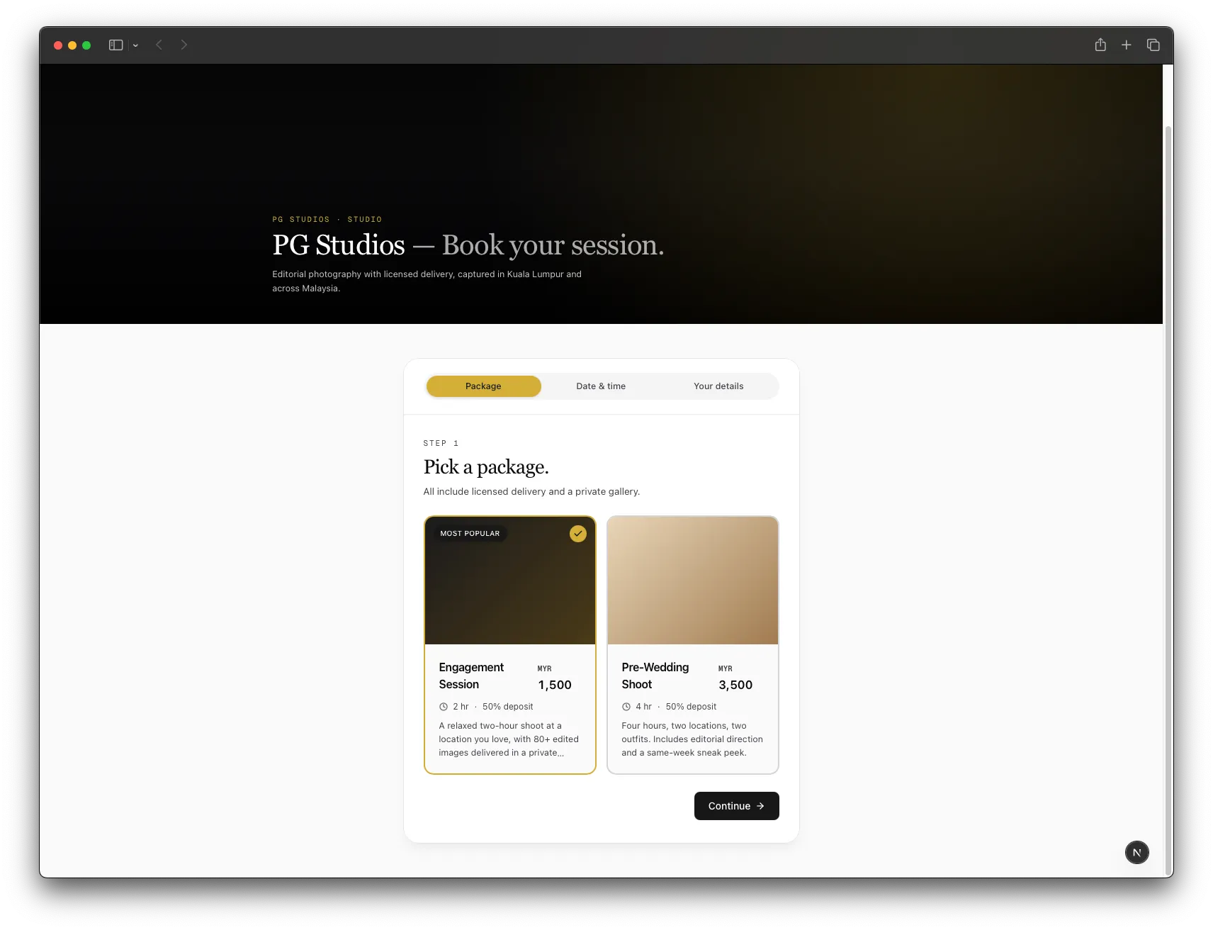 Public booking page showing package selection with live availability.