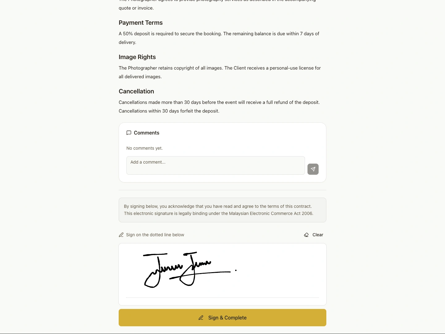Contract signing surface with the e-signature canvas active.