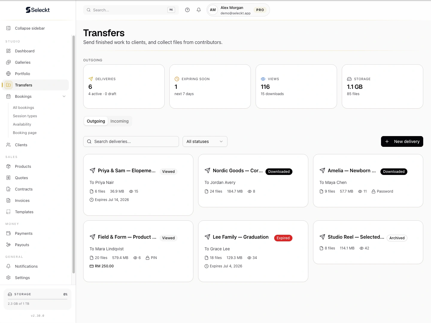 Transfers screen showing an outgoing full-resolution delivery with a share link.